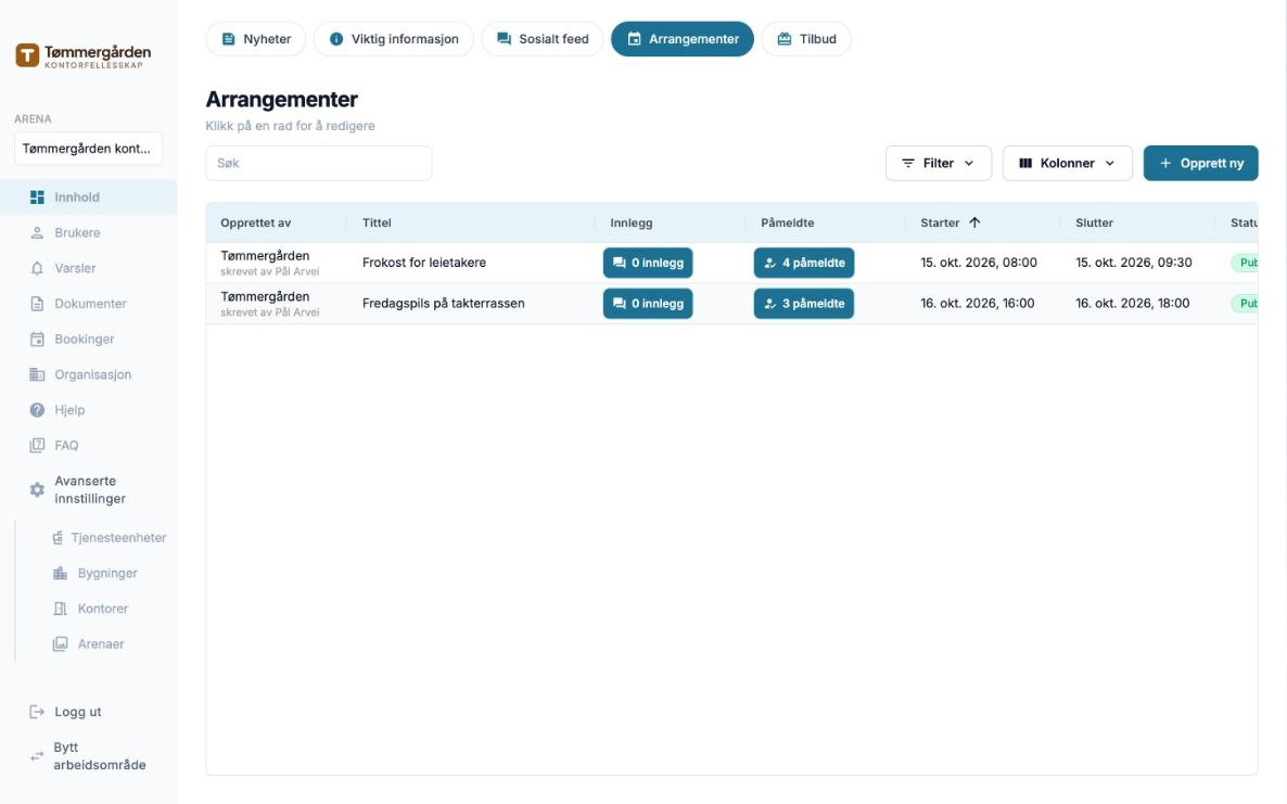 Backoffice: arrangementer med antall påmeldte