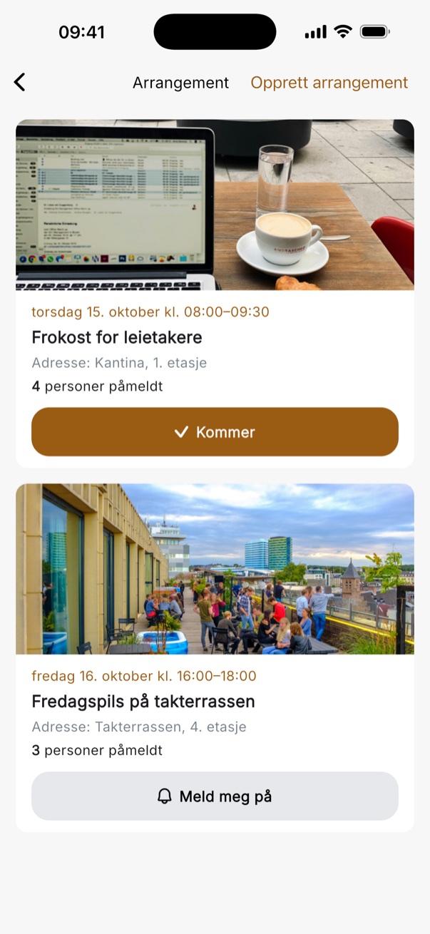App: frokost for leietakere og fredagspils med påmelding